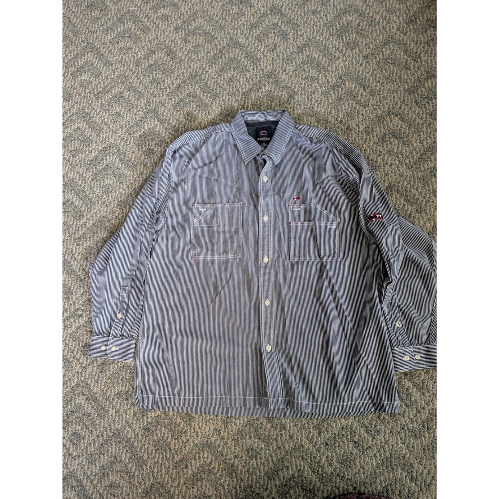 Bugle Boy Jean Company Mens XL Hickory Stripe Button Down Work Shirt Blue White